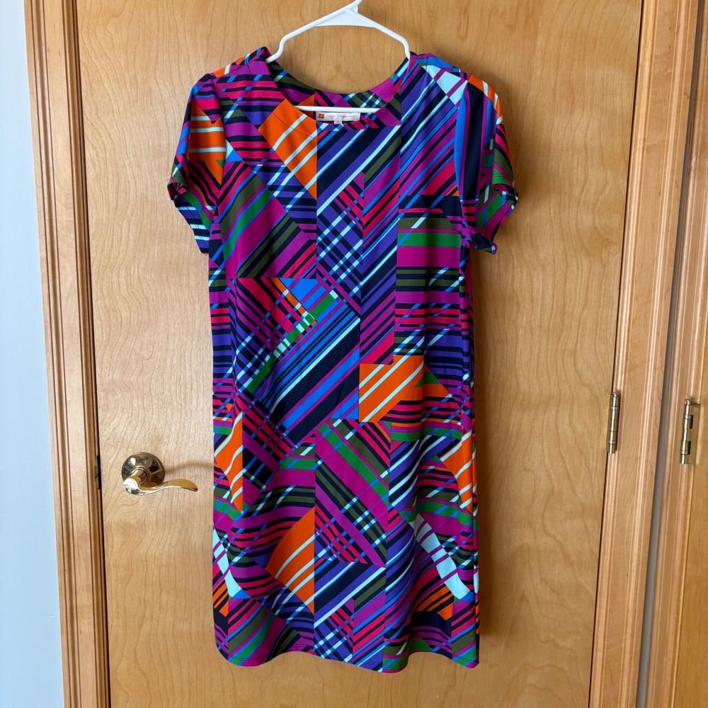 Jude Connally Shift Dress Women M Multicolor Geometric Plaid Stripe Short Sleeve